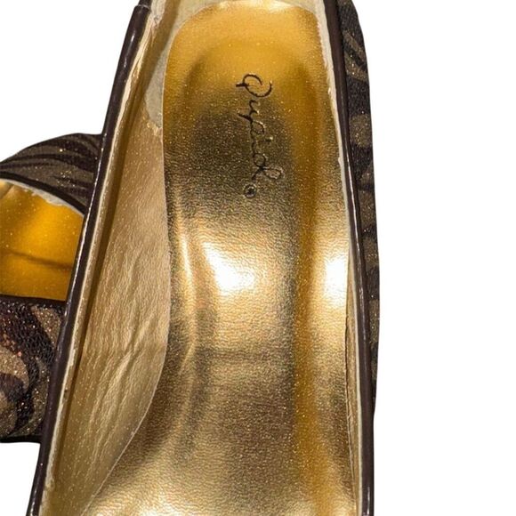 QUPID Brown/ Gold Zebra Print Rhinestone Platform Stiletto Heels Size 8 - Picture 8 of 14
